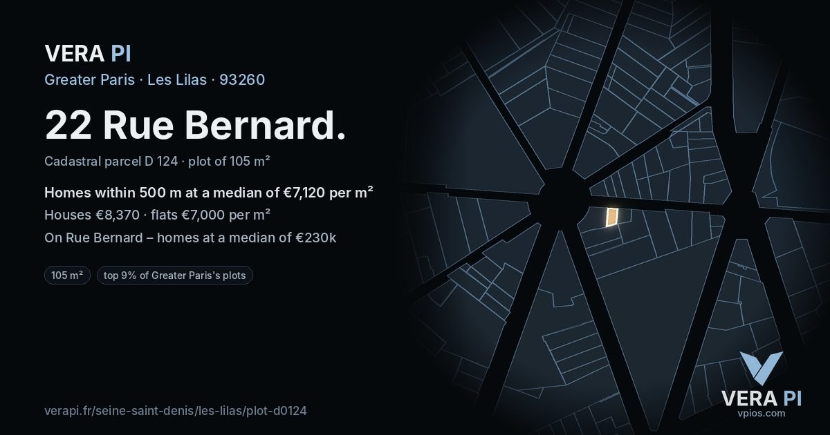 22 Rue Bernard, Les Lilas at night – the plot lit, the parcels around coloured by the prices near them