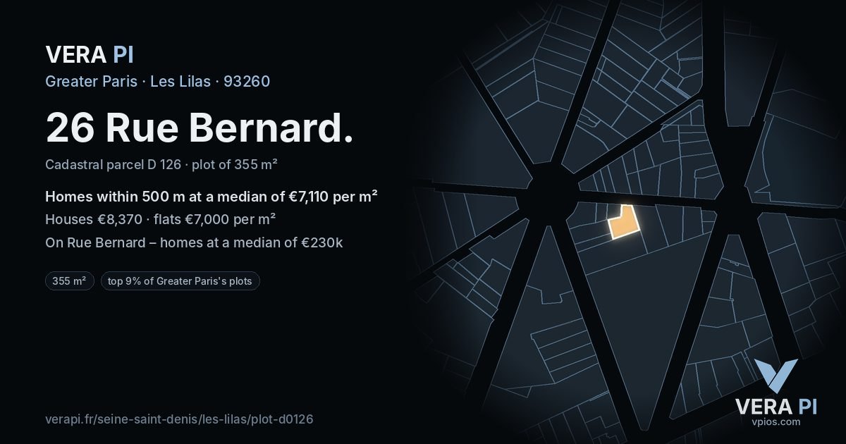 26 Rue Bernard, Les Lilas at night – the plot lit, the parcels around coloured by the prices near them