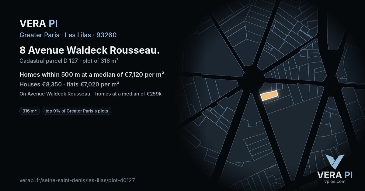 8 Avenue Waldeck Rousseau, Les Lilas at night – the plot lit, the parcels around coloured by the prices near them