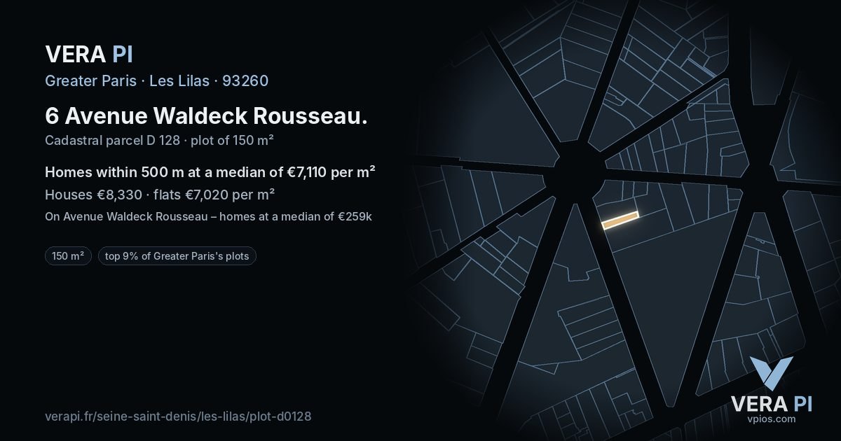 6 Avenue Waldeck Rousseau, Les Lilas at night – the plot lit, the parcels around coloured by the prices near them