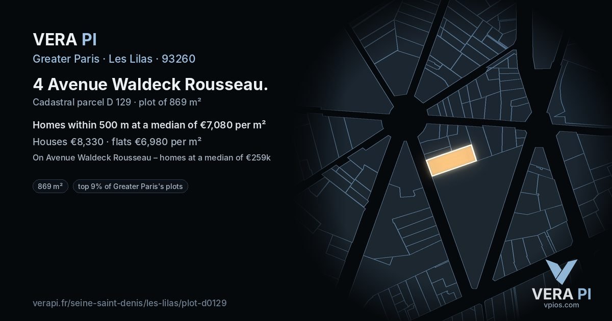 4 Avenue Waldeck Rousseau, Les Lilas at night – the plot lit, the parcels around coloured by the prices near them