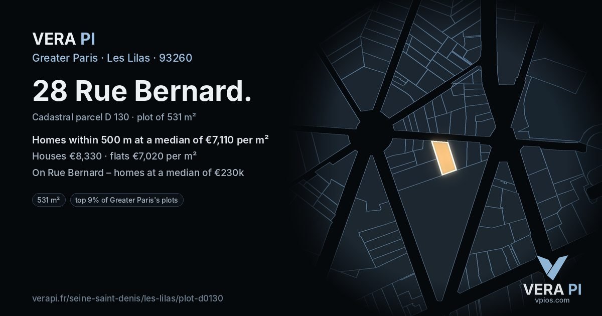 28 Rue Bernard, Les Lilas at night – the plot lit, the parcels around coloured by the prices near them