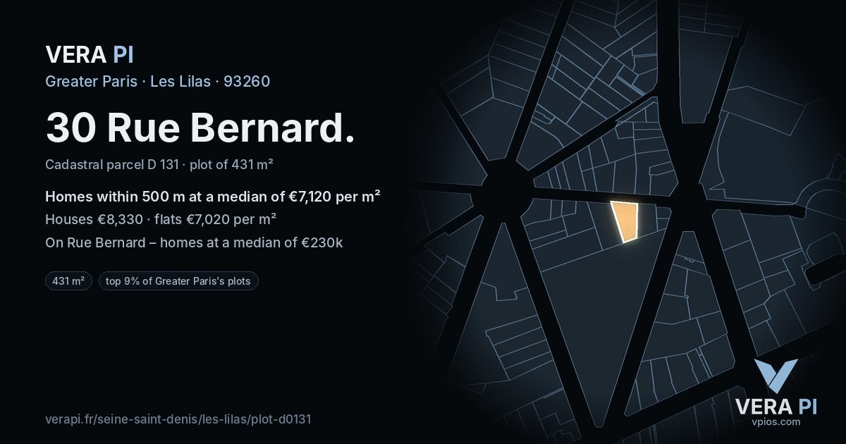 30 Rue Bernard, Les Lilas at night – the plot lit, the parcels around coloured by the prices near them