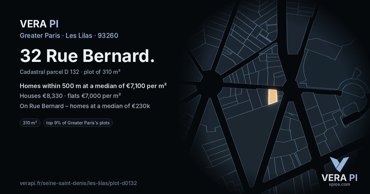 32 Rue Bernard, Les Lilas at night – the plot lit, the parcels around coloured by the prices near them