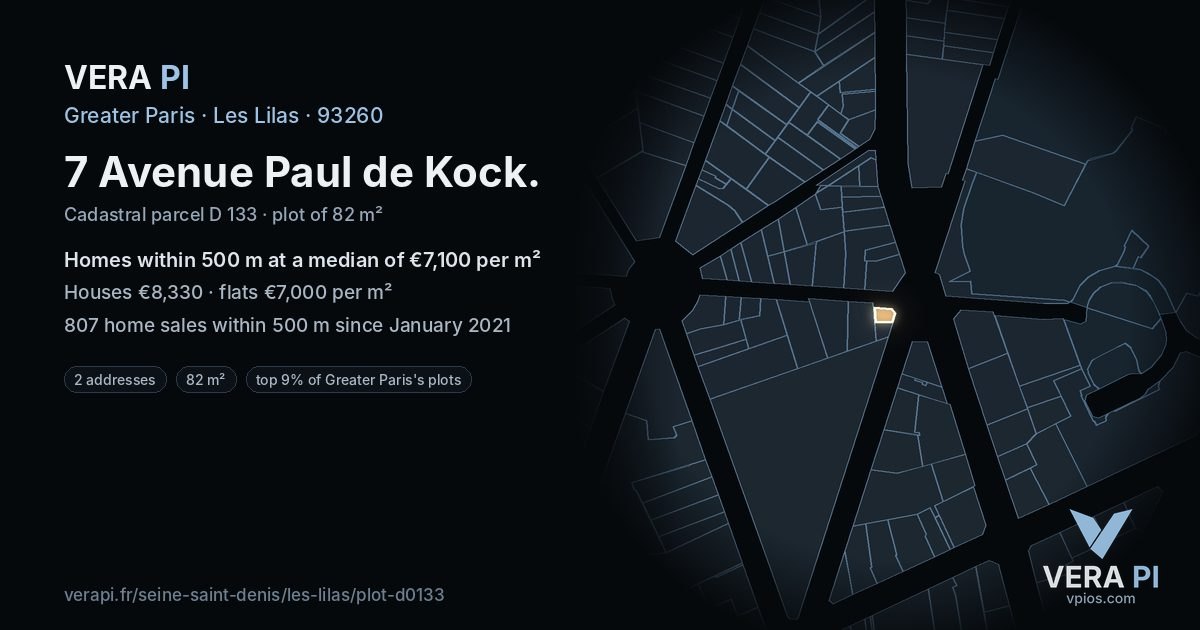 7 Avenue Paul de Kock, Les Lilas at night – the plot lit, the parcels around coloured by the prices near them