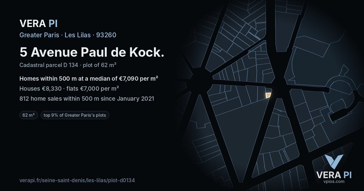 5 Avenue Paul de Kock, Les Lilas at night – the plot lit, the parcels around coloured by the prices near them