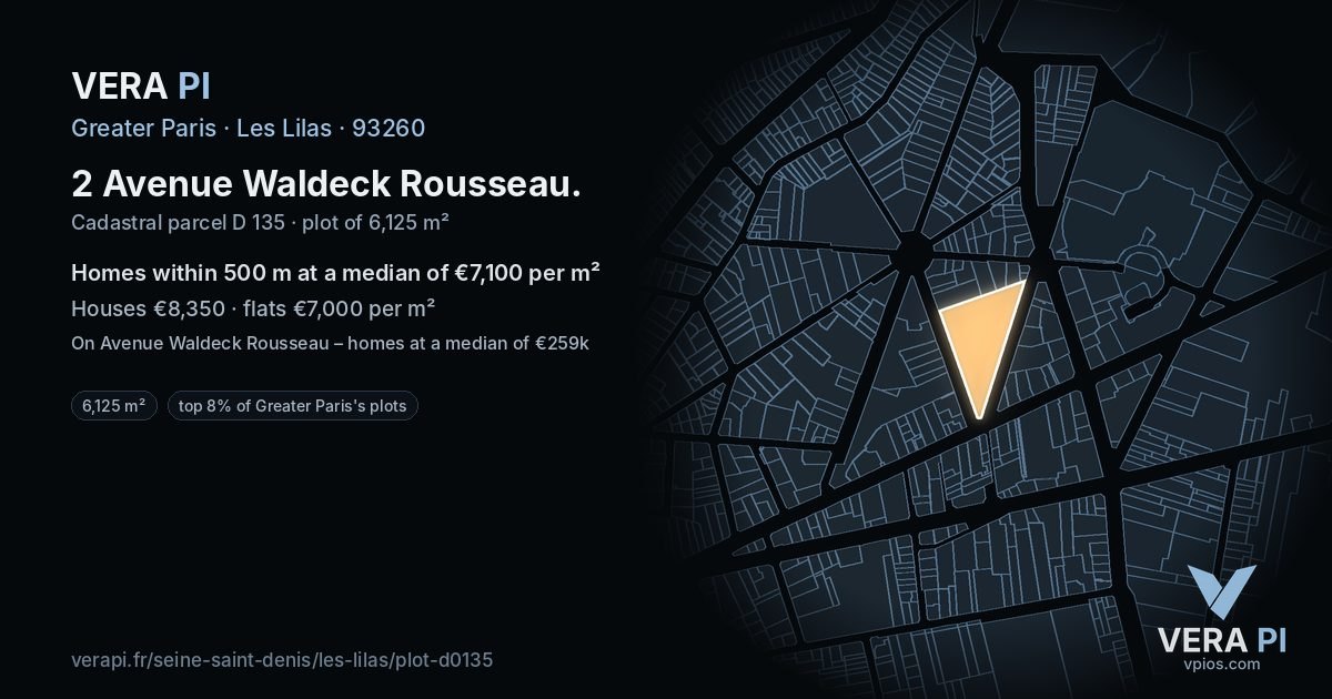 2 Avenue Waldeck Rousseau, Les Lilas at night – the plot lit, the parcels around coloured by the prices near them