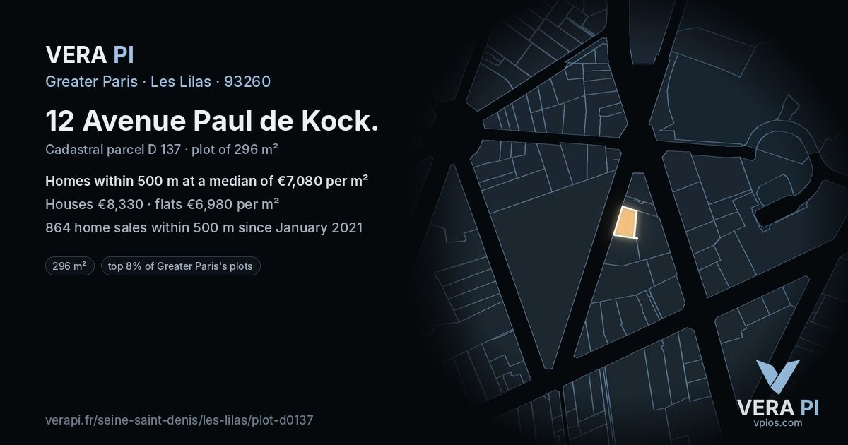 12 Avenue Paul de Kock, Les Lilas at night – the plot lit, the parcels around coloured by the prices near them
