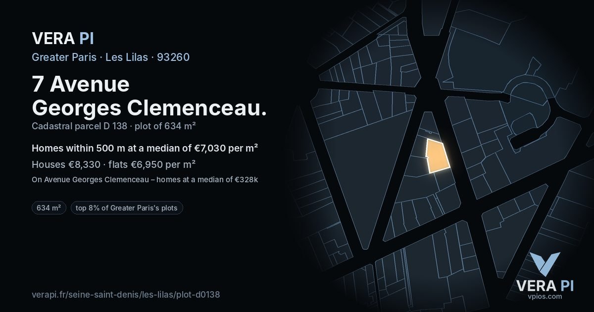 7 Avenue Georges Clemenceau, Les Lilas at night – the plot lit, the parcels around coloured by the prices near them