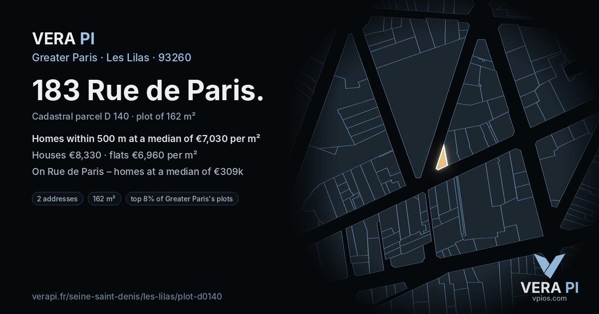 183 Rue de Paris, Les Lilas at night – the plot lit, the parcels around coloured by the prices near them