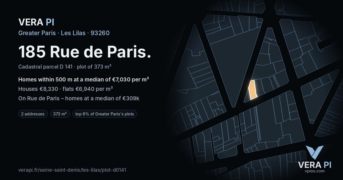 185 Rue de Paris, Les Lilas at night – the plot lit, the parcels around coloured by the prices near them