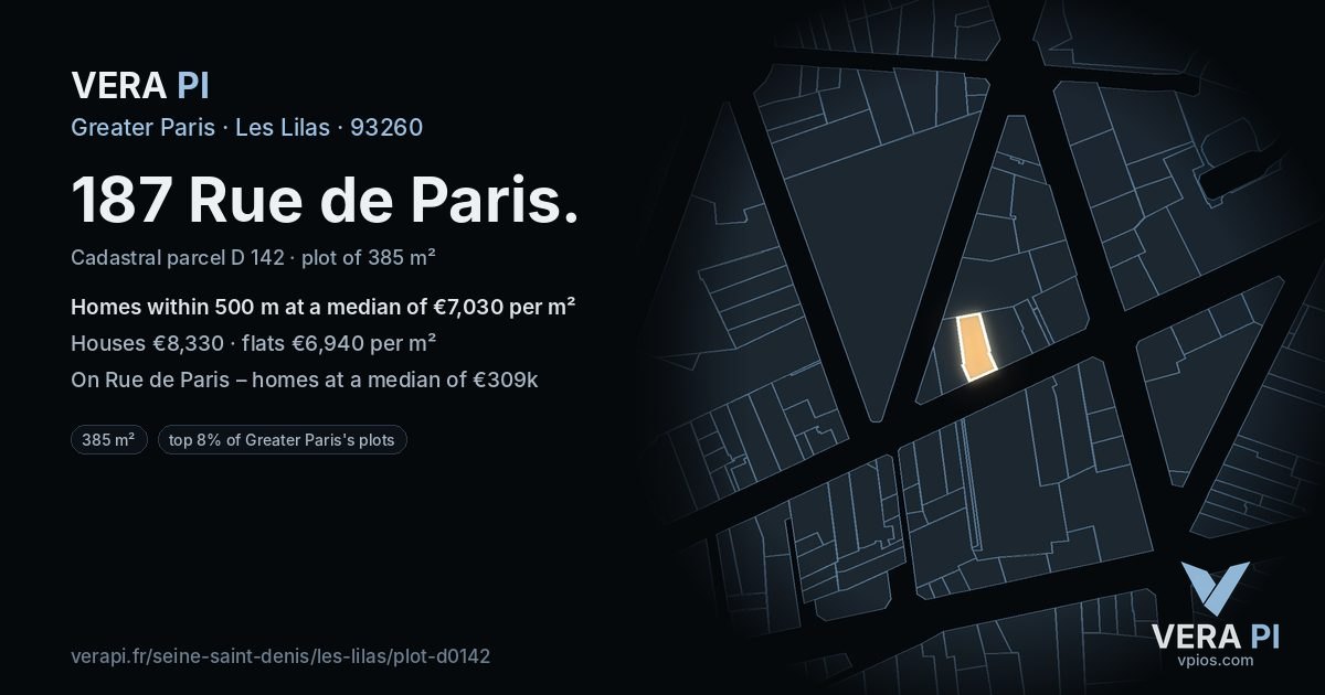 187 Rue de Paris, Les Lilas at night – the plot lit, the parcels around coloured by the prices near them
