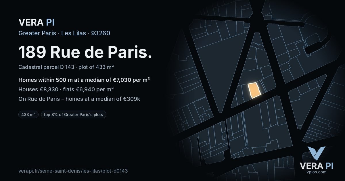 189 Rue de Paris, Les Lilas at night – the plot lit, the parcels around coloured by the prices near them