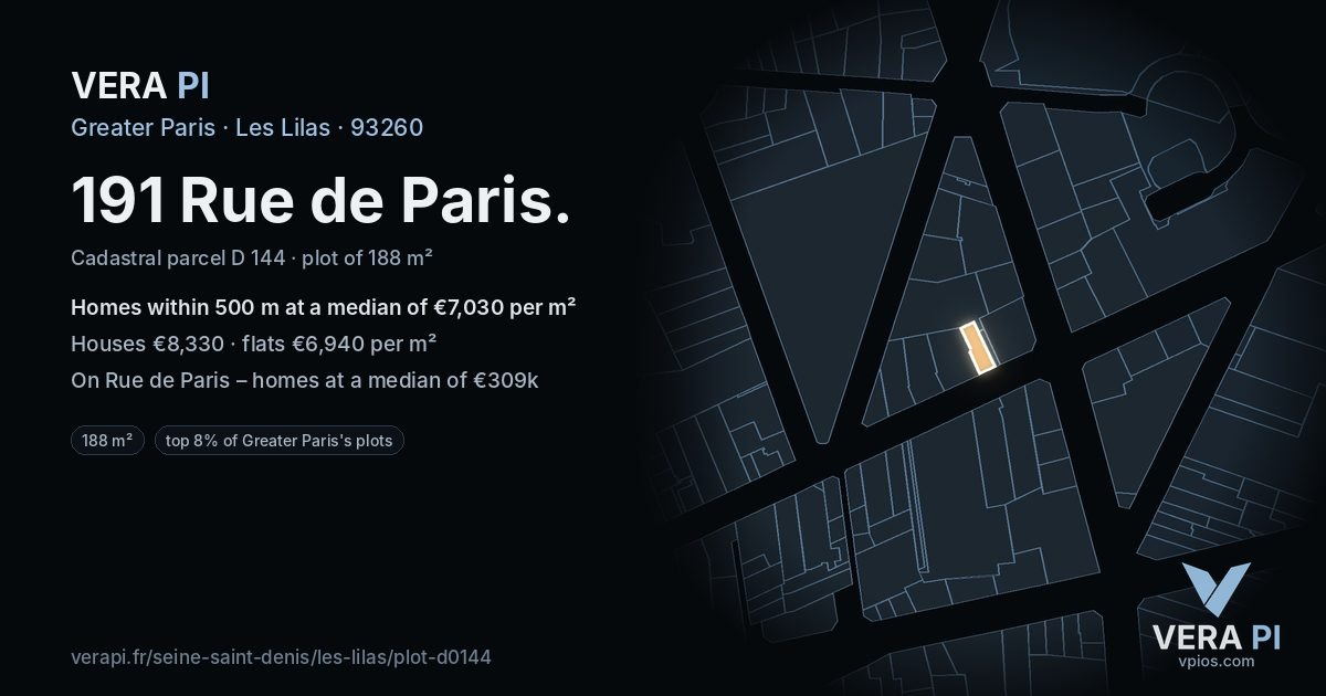 191 Rue de Paris, Les Lilas at night – the plot lit, the parcels around coloured by the prices near them