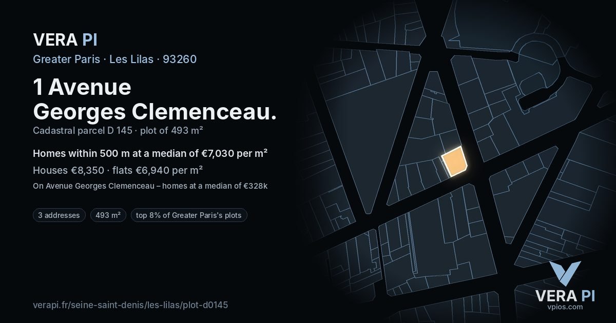 1 Avenue Georges Clemenceau, Les Lilas at night – the plot lit, the parcels around coloured by the prices near them