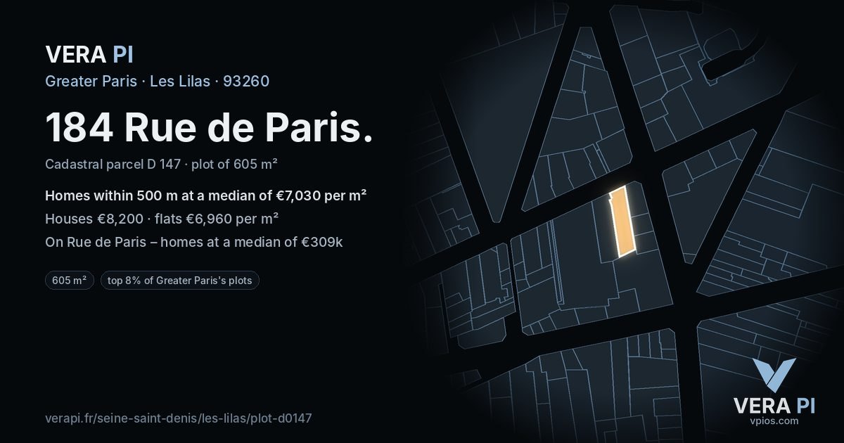 184 Rue de Paris, Les Lilas at night – the plot lit, the parcels around coloured by the prices near them