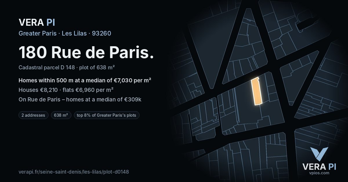 180 Rue de Paris, Les Lilas at night – the plot lit, the parcels around coloured by the prices near them