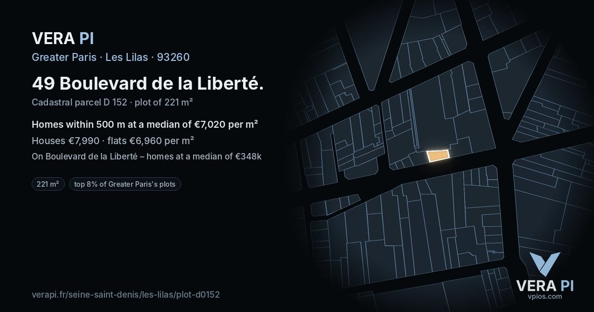 49 Boulevard de la Liberté, Les Lilas at night – the plot lit, the parcels around coloured by the prices near them