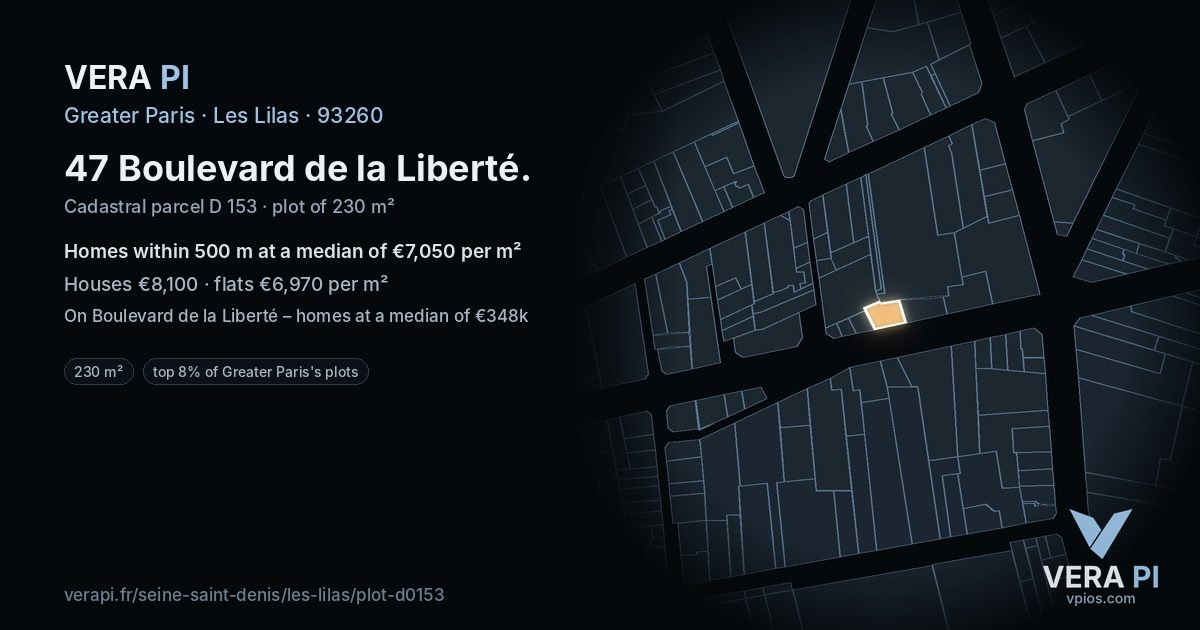 47 Boulevard de la Liberté, Les Lilas at night – the plot lit, the parcels around coloured by the prices near them