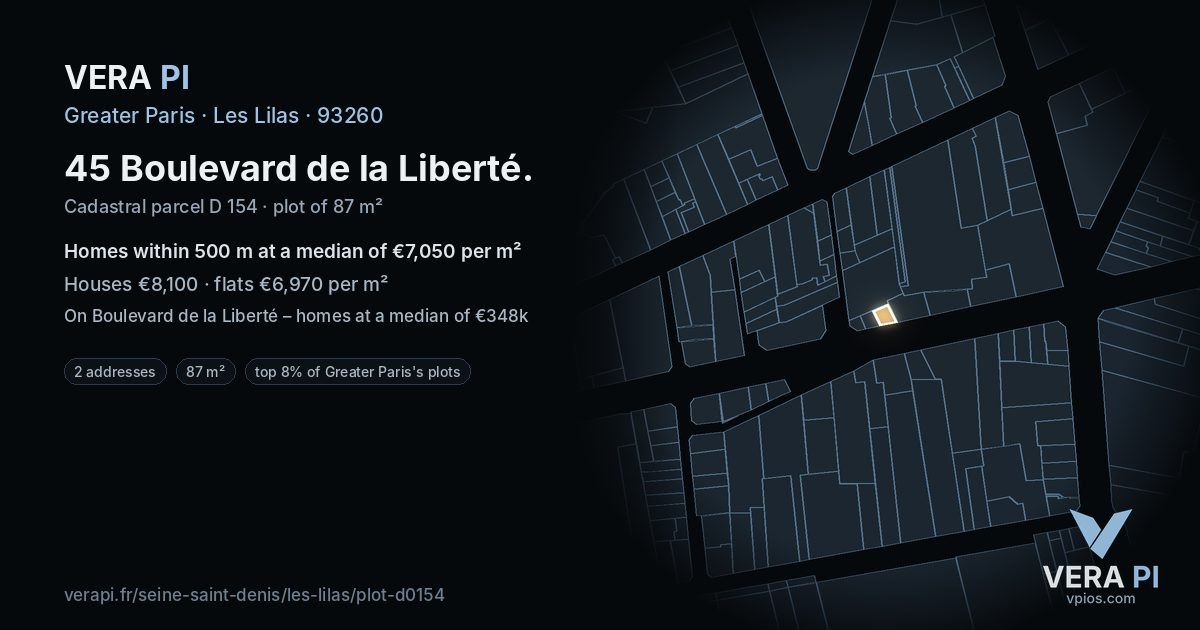 45 Boulevard de la Liberté, Les Lilas at night – the plot lit, the parcels around coloured by the prices near them