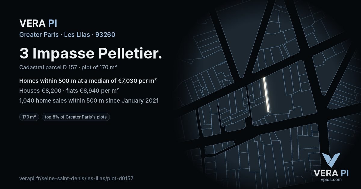 3 Impasse Pelletier, Les Lilas at night – the plot lit, the parcels around coloured by the prices near them