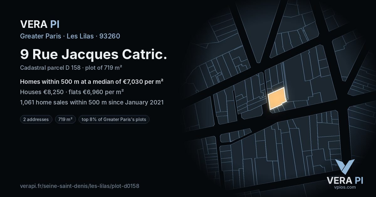 9 Rue Jacques Catric, Les Lilas at night – the plot lit, the parcels around coloured by the prices near them
