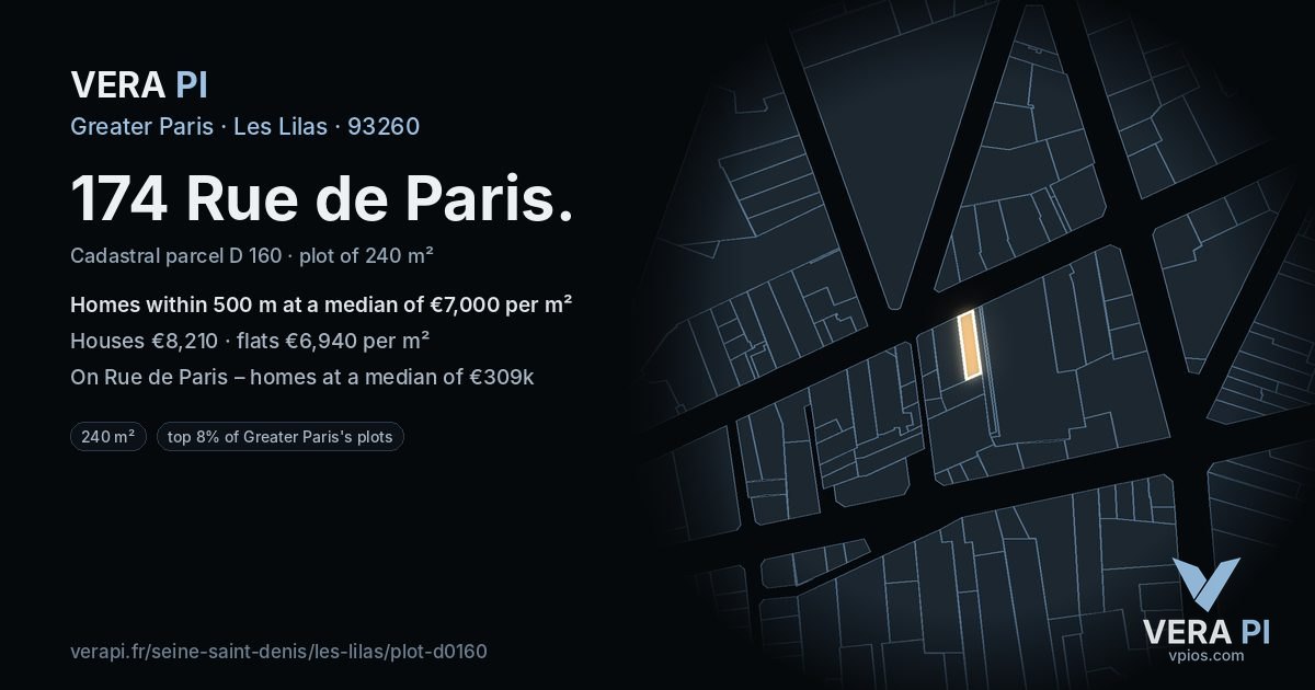 174 Rue de Paris, Les Lilas at night – the plot lit, the parcels around coloured by the prices near them