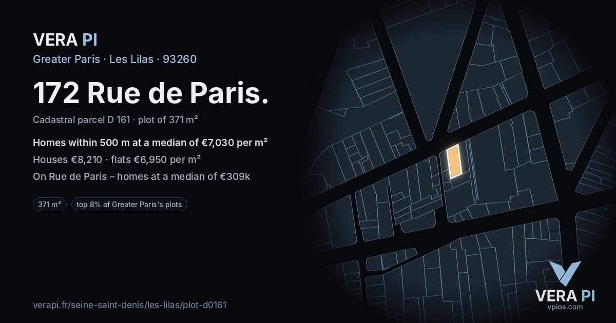 172 Rue de Paris, Les Lilas at night – the plot lit, the parcels around coloured by the prices near them