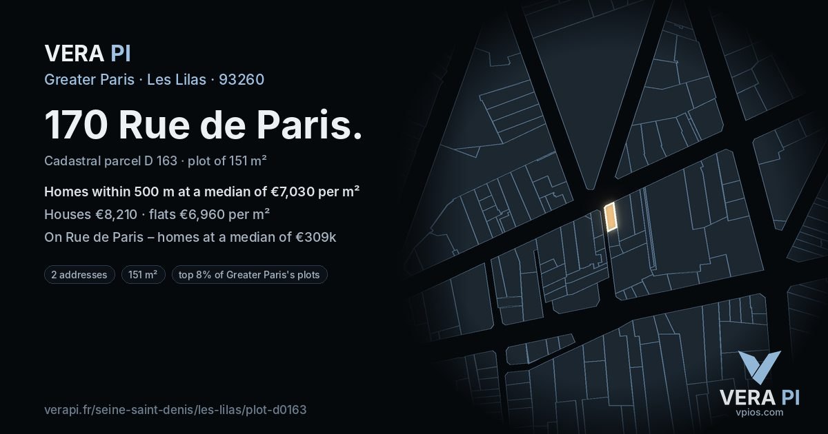 170 Rue de Paris, Les Lilas at night – the plot lit, the parcels around coloured by the prices near them