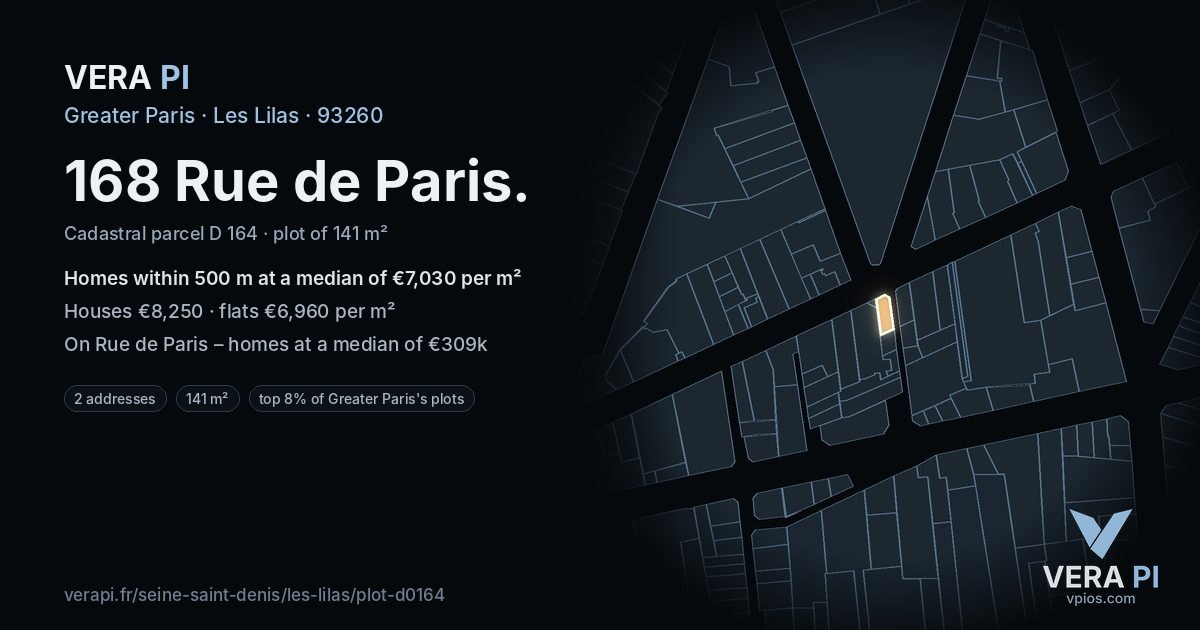 168 Rue de Paris, Les Lilas at night – the plot lit, the parcels around coloured by the prices near them