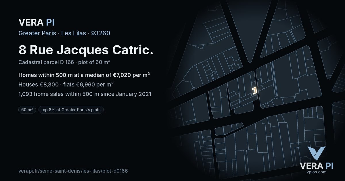8 Rue Jacques Catric, Les Lilas at night – the plot lit, the parcels around coloured by the prices near them