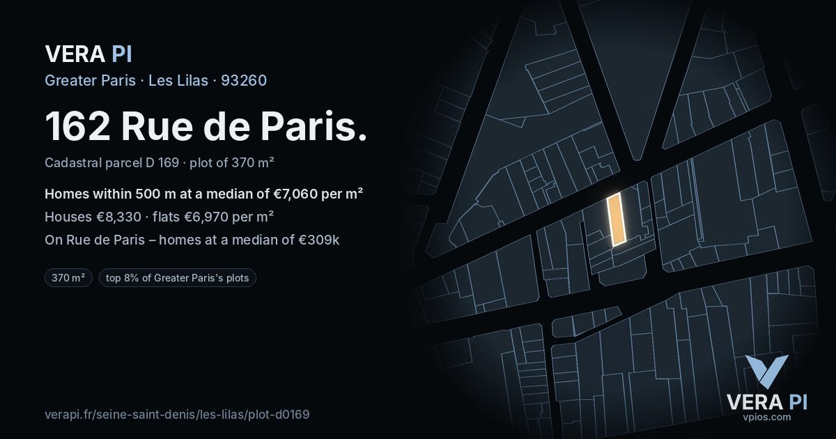 162 Rue de Paris, Les Lilas at night – the plot lit, the parcels around coloured by the prices near them