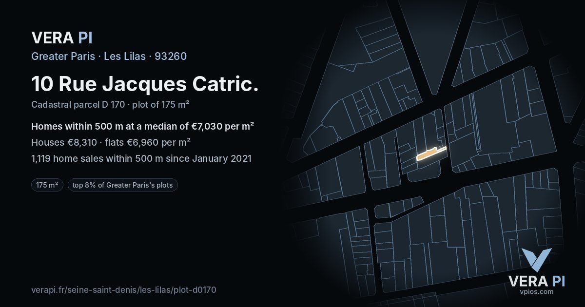 10 Rue Jacques Catric, Les Lilas at night – the plot lit, the parcels around coloured by the prices near them