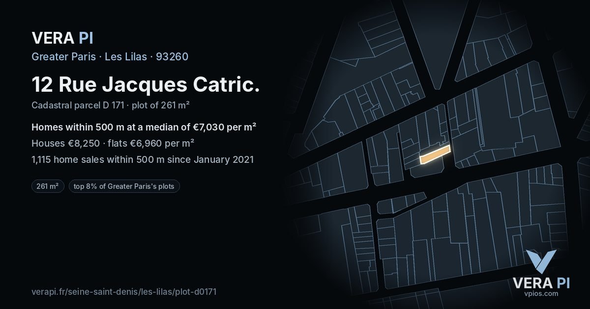 12 Rue Jacques Catric, Les Lilas at night – the plot lit, the parcels around coloured by the prices near them