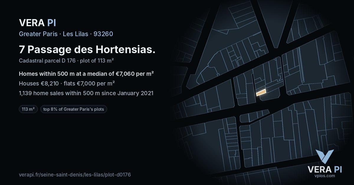 7 Passage des Hortensias, Les Lilas at night – the plot lit, the parcels around coloured by the prices near them