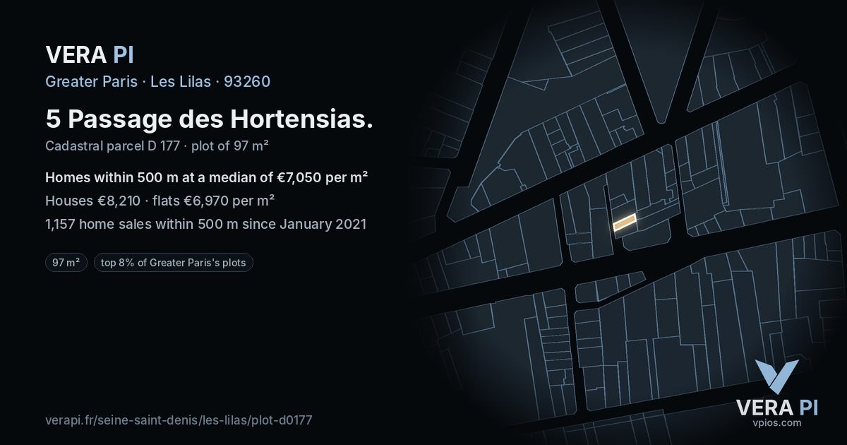5 Passage des Hortensias, Les Lilas at night – the plot lit, the parcels around coloured by the prices near them