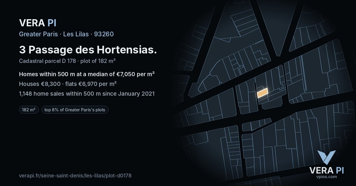 3 Passage des Hortensias, Les Lilas at night – the plot lit, the parcels around coloured by the prices near them
