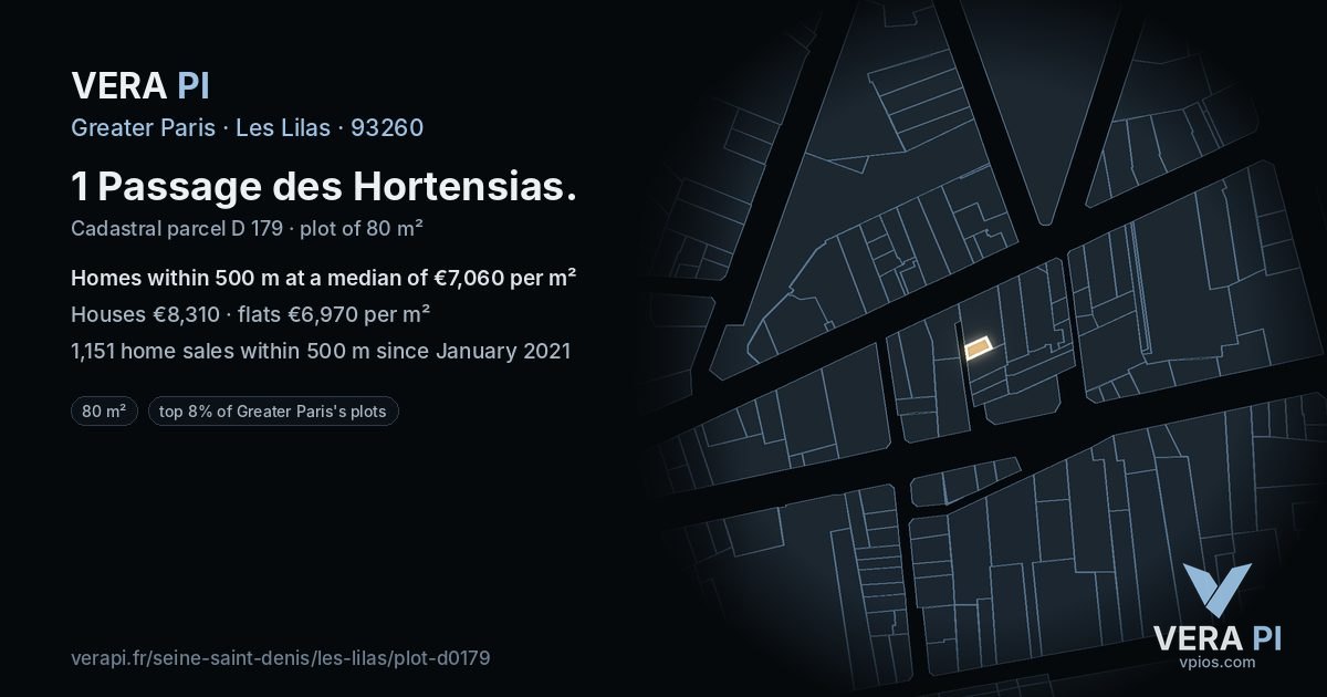 1 Passage des Hortensias, Les Lilas at night – the plot lit, the parcels around coloured by the prices near them