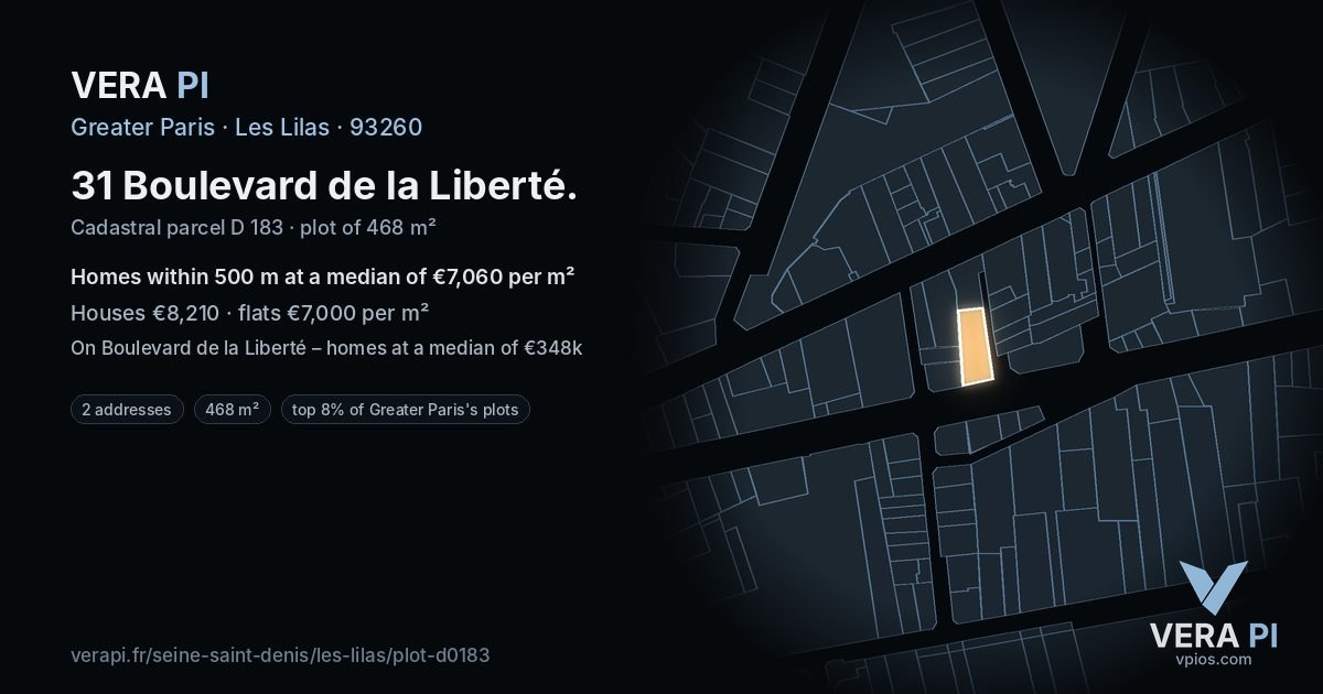 31 Boulevard de la Liberté, Les Lilas at night – the plot lit, the parcels around coloured by the prices near them