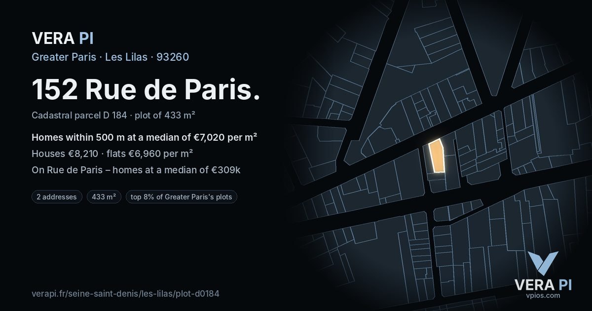 152 Rue de Paris, Les Lilas at night – the plot lit, the parcels around coloured by the prices near them