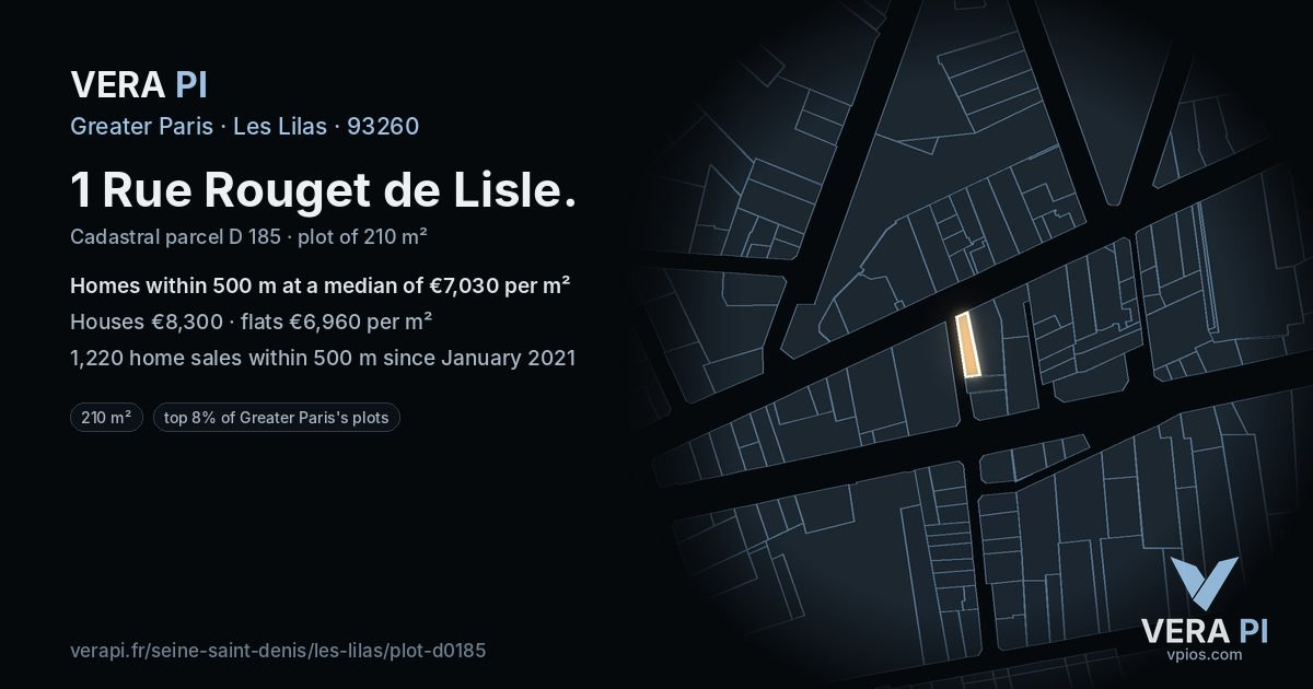 1 Rue Rouget de Lisle, Les Lilas at night – the plot lit, the parcels around coloured by the prices near them