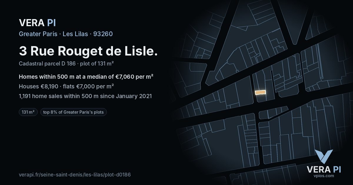 3 Rue Rouget de Lisle, Les Lilas at night – the plot lit, the parcels around coloured by the prices near them