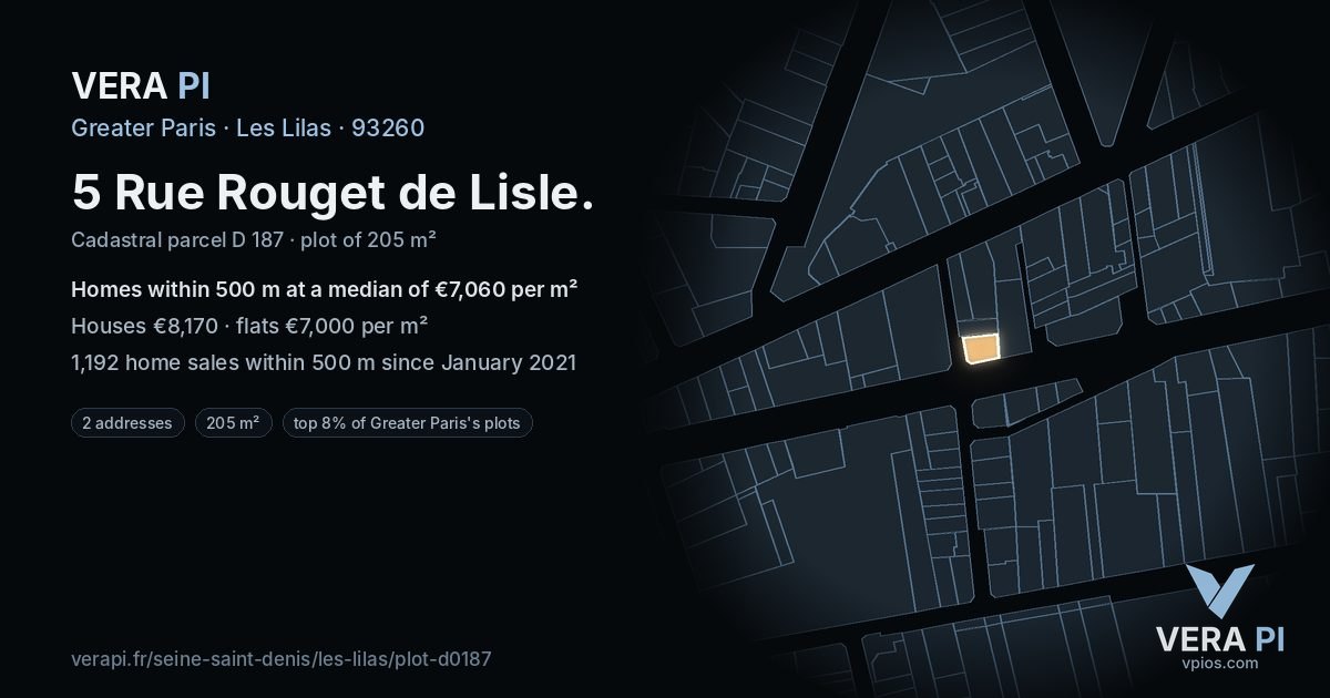 5 Rue Rouget de Lisle, Les Lilas at night – the plot lit, the parcels around coloured by the prices near them