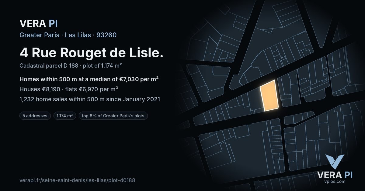 4 Rue Rouget de Lisle, Les Lilas at night – the plot lit, the parcels around coloured by the prices near them