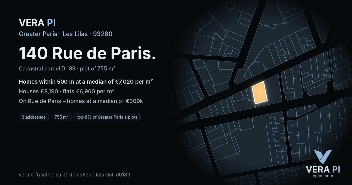 140 Rue de Paris, Les Lilas at night – the plot lit, the parcels around coloured by the prices near them