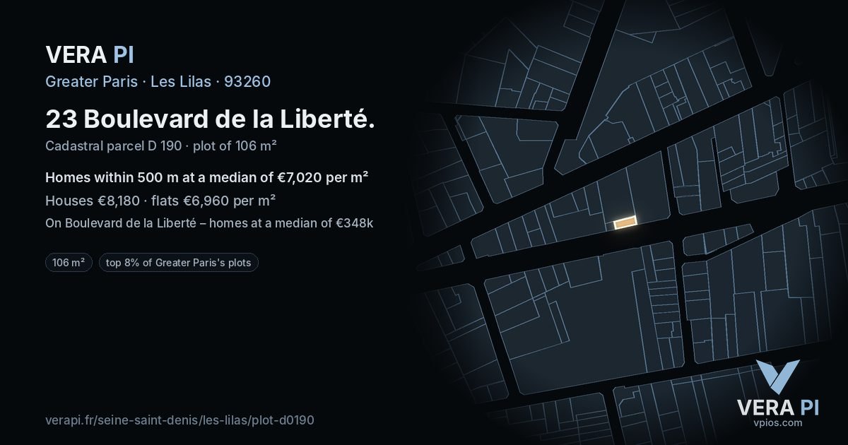 23 Boulevard de la Liberté, Les Lilas at night – the plot lit, the parcels around coloured by the prices near them