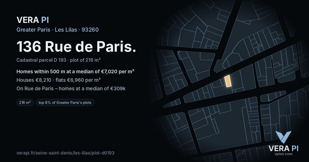 136 Rue de Paris, Les Lilas at night – the plot lit, the parcels around coloured by the prices near them