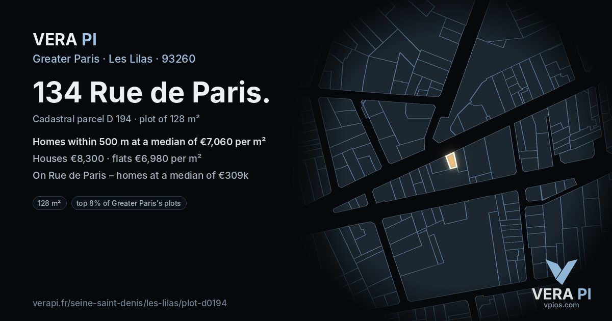 134 Rue de Paris, Les Lilas at night – the plot lit, the parcels around coloured by the prices near them