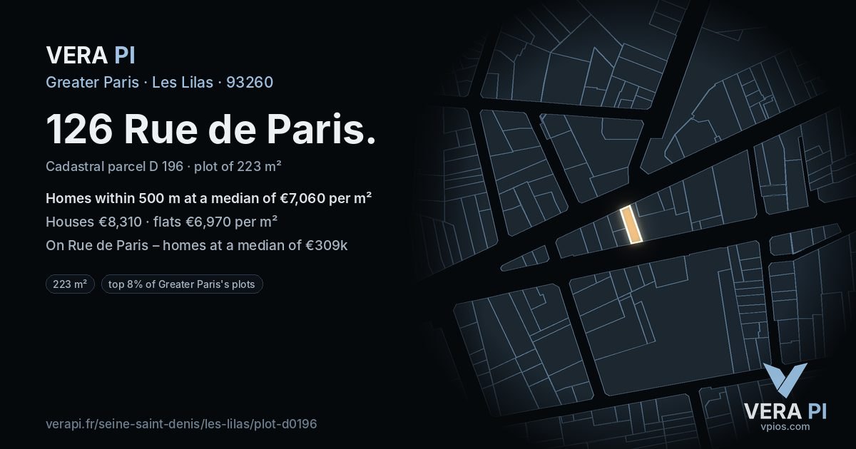 126 Rue de Paris, Les Lilas at night – the plot lit, the parcels around coloured by the prices near them