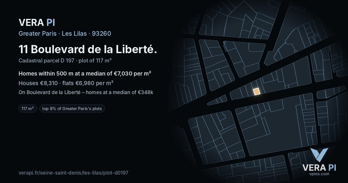 11 Boulevard de la Liberté, Les Lilas at night – the plot lit, the parcels around coloured by the prices near them